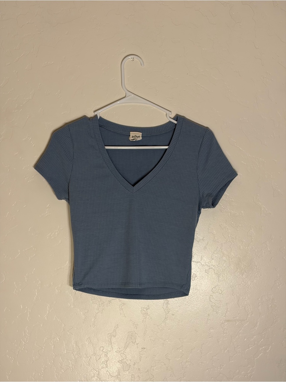 Ribbed V-Neck Crop Top in Dusty Blue